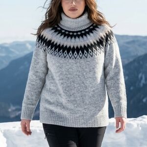 Aspen 1X Nordic Fair Isle Turtleneck Sweater Gray Black